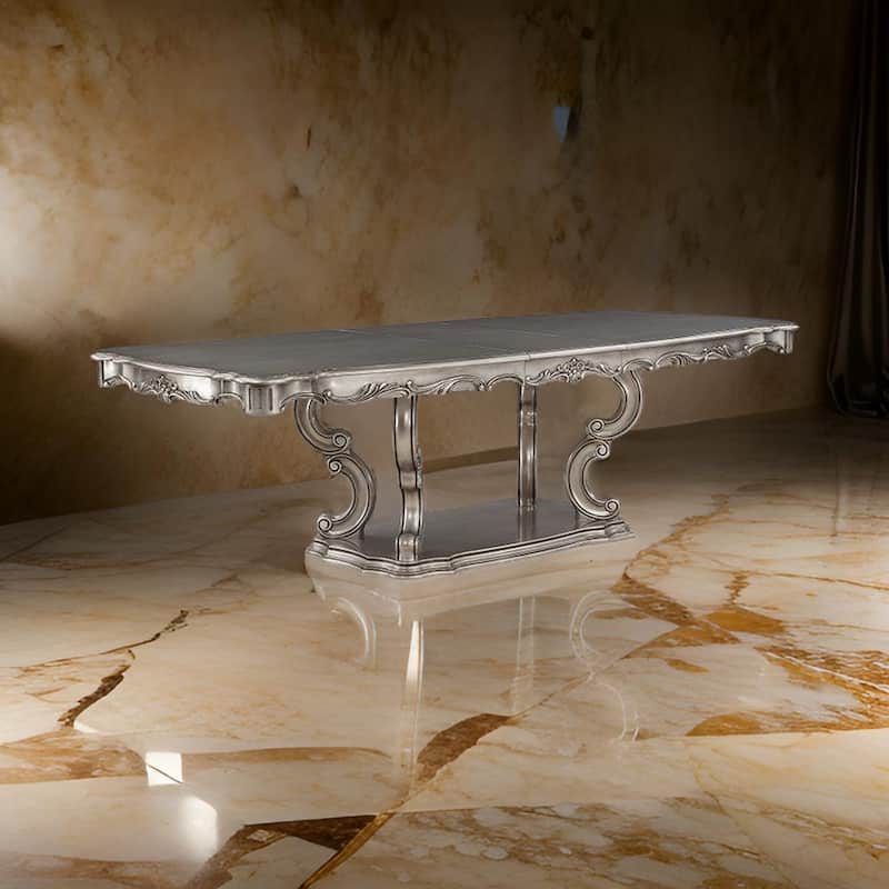 Aria 85-102 Inch Dining Table, Extendable Wood Top Classic Antique Platinum