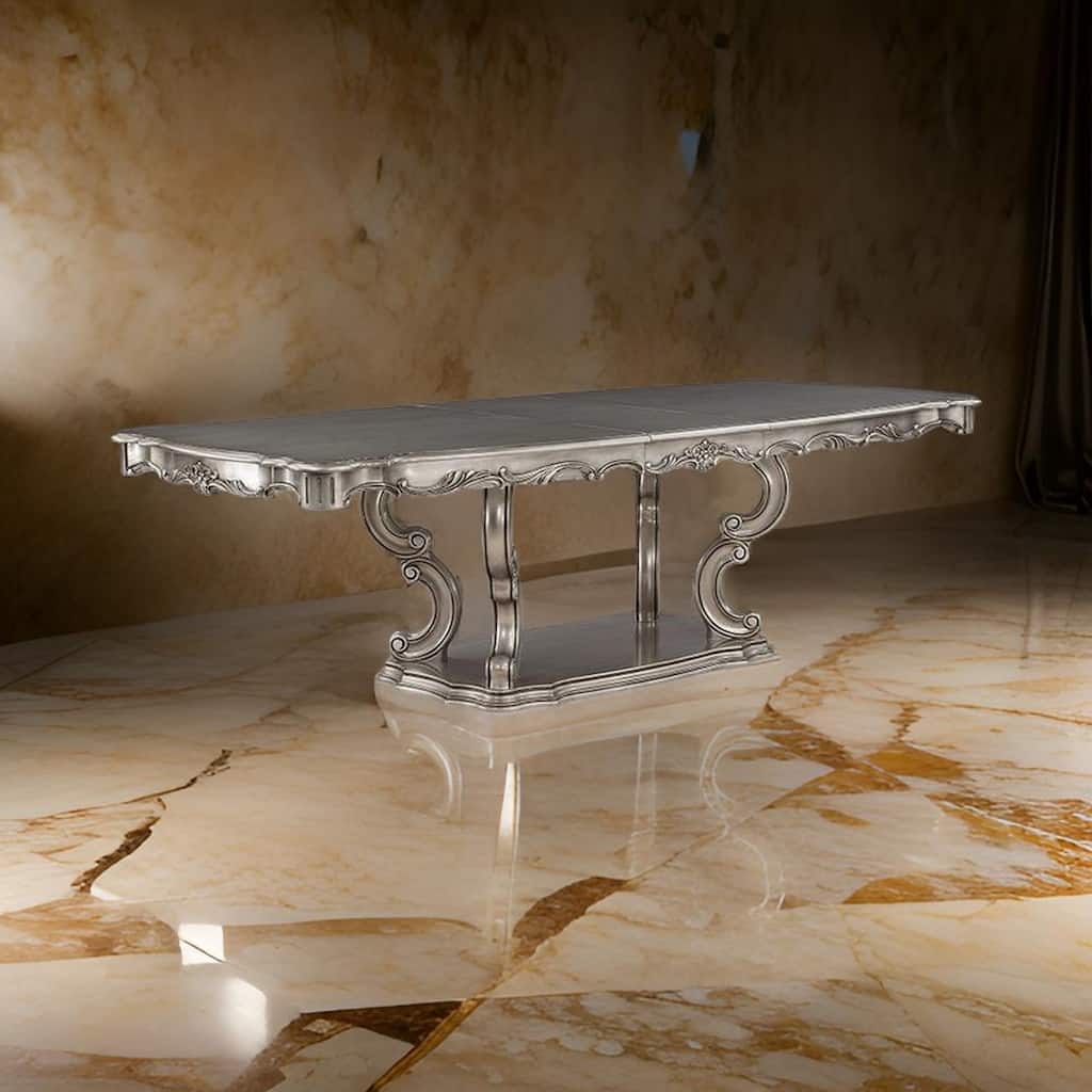 Aria 85-102 Inch Dining Table, Extendable Wood Top Classic Antique Platinum