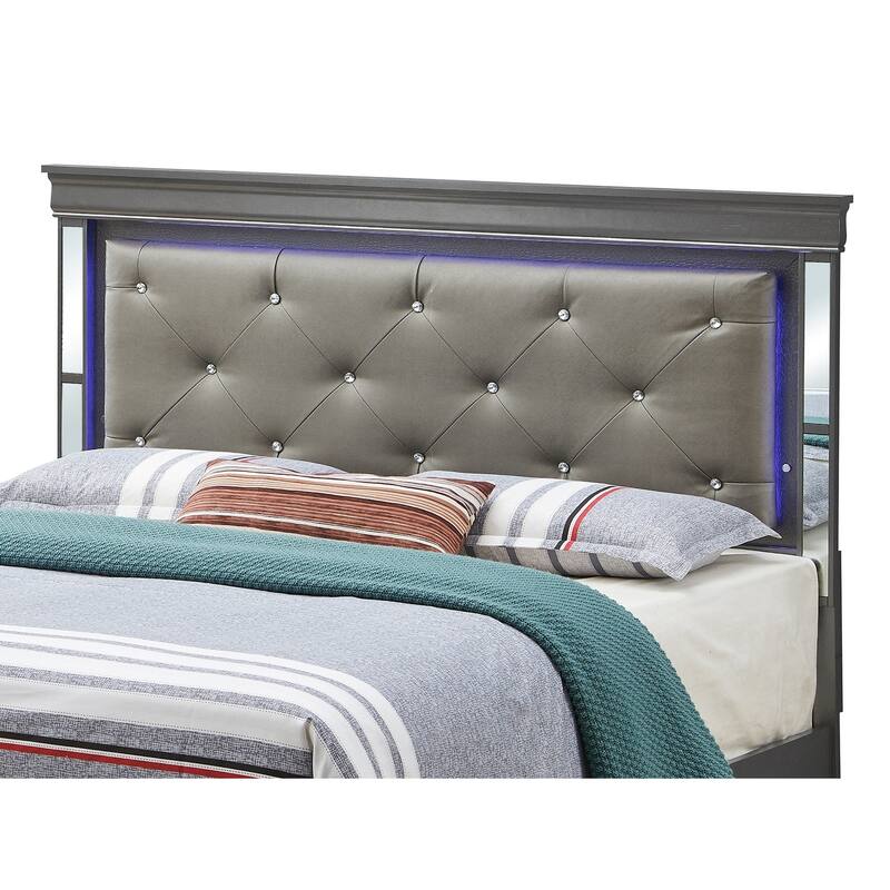 Jewel Tufted Upholstered Mirrored Panel Full Bed with LED Light - 80" - Black