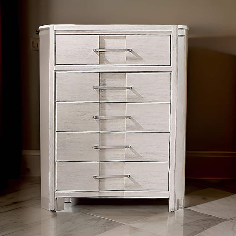 Varos 48 Inch Tall Dresser Chest, 5 Drawers, Nickel Bar Handles, White
