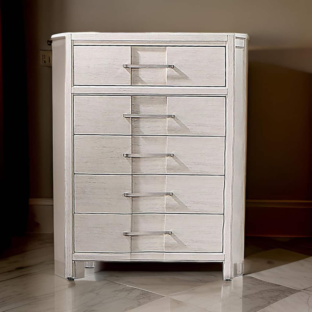 Varos 48 Inch Tall Dresser Chest, 5 Drawers, Nickel Bar Handles, White