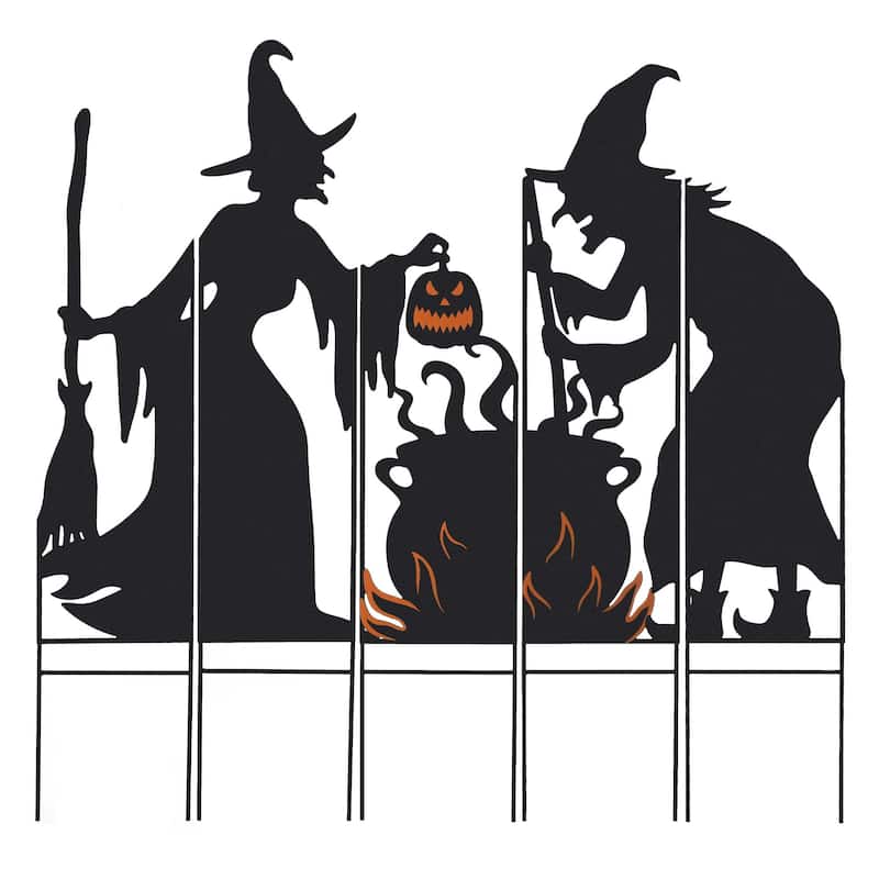 Glitzhome 34.5"H Set of 5 Halloween Metal Silhouette Witches with Cauldron Yard Stake (Two function)