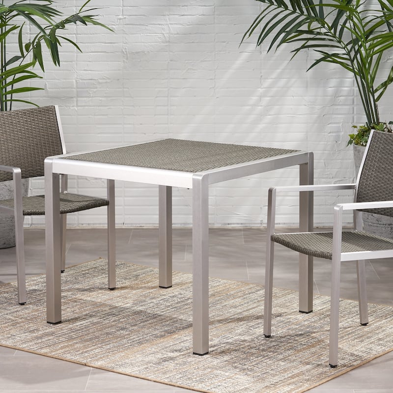 Outdoor Dining table - Anodized Aluminum - Wicker table Top - Square - Silver and Gray - 35"