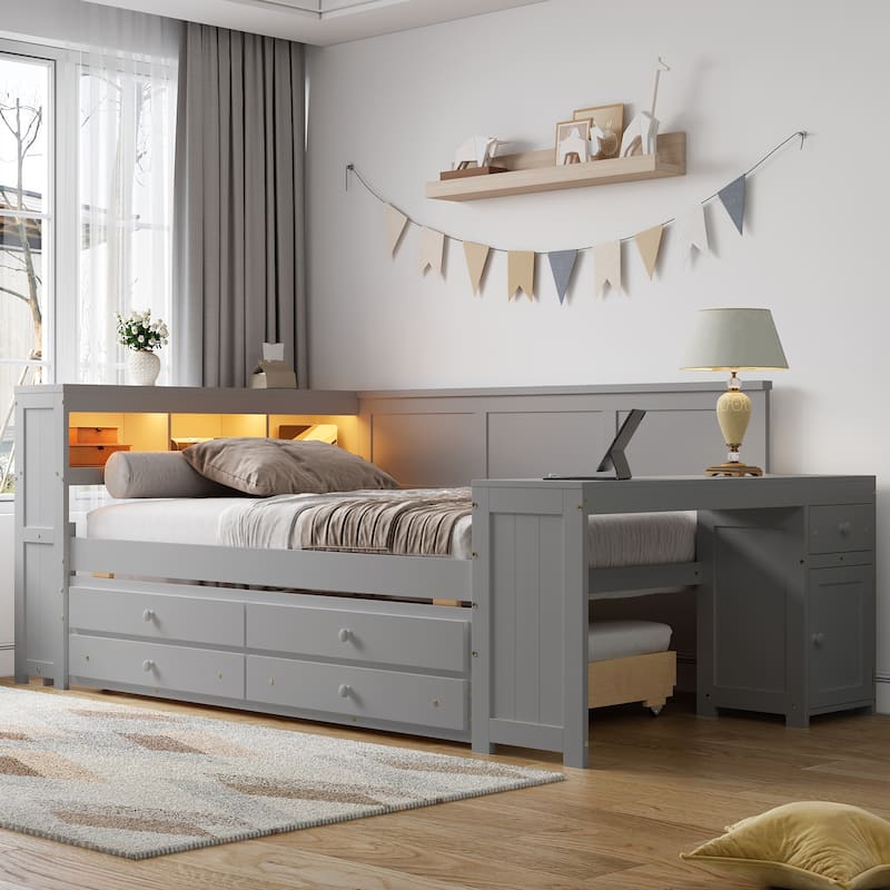 Full Size Daybed with Trundle, Drawers, LED Shelves and Charging Station by Harper&Bright Designs - Grey