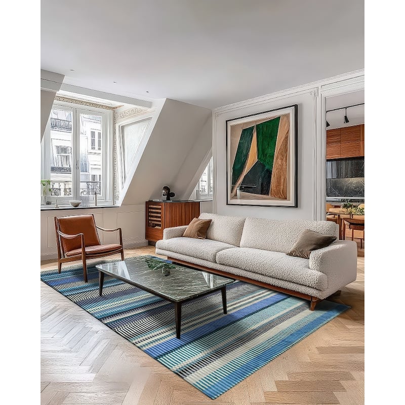 Home Decor Hand-Knotted Wool Stripe/Blue Modern Striped Rug Stylish and Durable Area Rug for Enhancing the Comfort