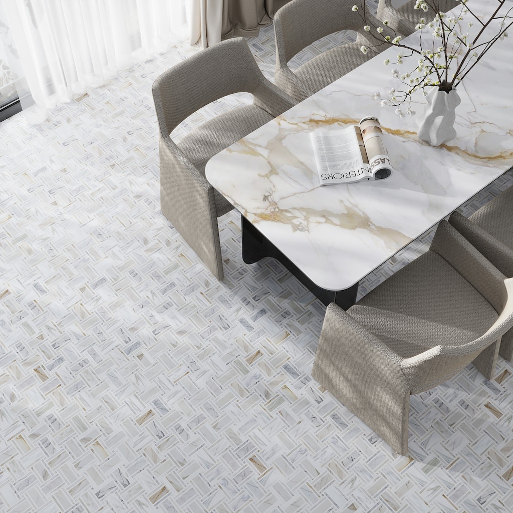Serena 12x12 White Gray Calacatta Gold, Thassos Mosaic Basketweave Wall and Floor Tile (4.83 sq ft/case) - 5 Pack