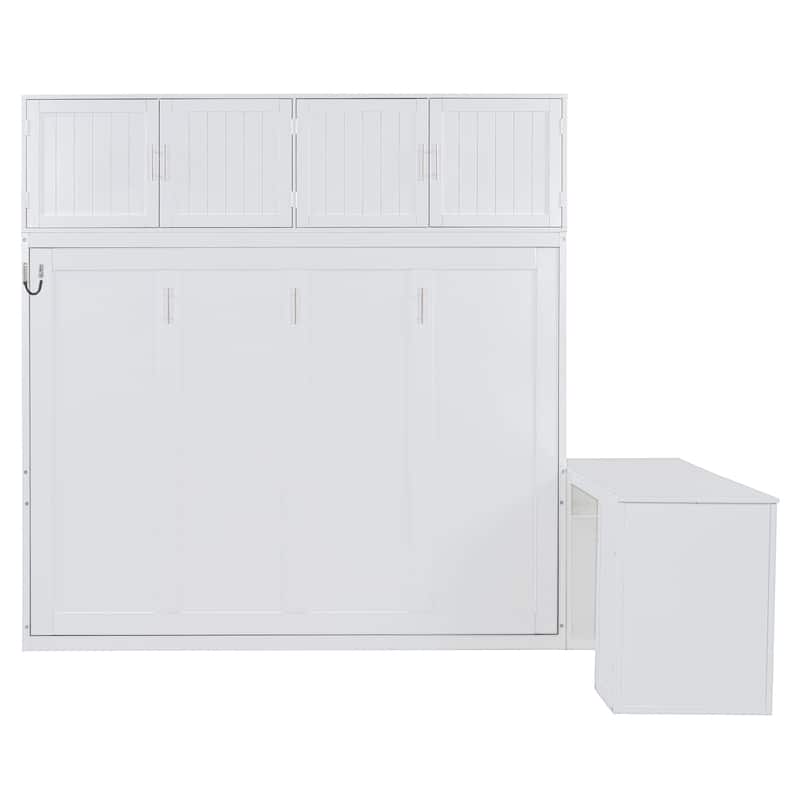 Queen Size Murphy Bed with Desk, Modern Foldable Wall Bed with Storage Shelves and Large Cabinets, Space-Saving Wood Bed Frame