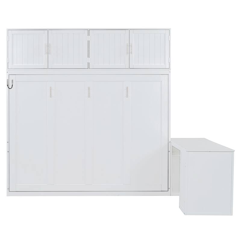 Queen Size Wall-Mounted Murphy Bed with Desk and Storage Cabinets, White/Gray