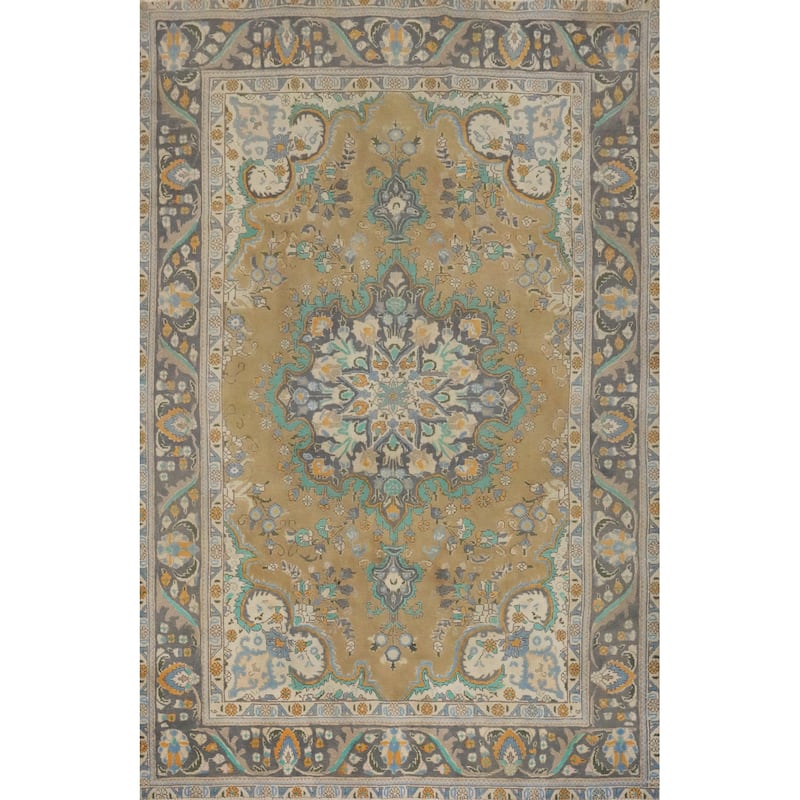 Hand Knotted Oriental 100% Wool Carpet Traditional Floral Brown Tabriz Area Rug - 9' 3'' X 6' 5''