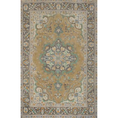 Hand Knotted Oriental 100% Wool Carpet Traditional Floral Brown Tabriz Area Rug - 9' 3'' X 6' 5''