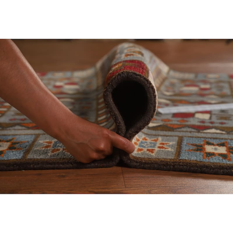 Hand Knotted Oriental 100% Wool Carpet Traditional Tribal Greys & Charcoal Heriz (serapi) Runner Rug - 9' 9'' X 3' 10''