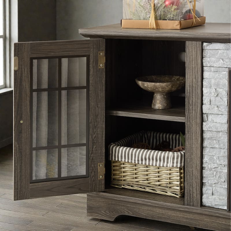 58" Modern TV Stand with Faux Stone Surround, Media Console Cabinet with 2 Doors and Shelves for TVs up to 75"