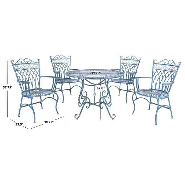 dimension image slide 0 of 3, SAFAVIEH Outdoor Patio Furniture Thessaly Victorian Scroll Iron 5-Piece Dining Set