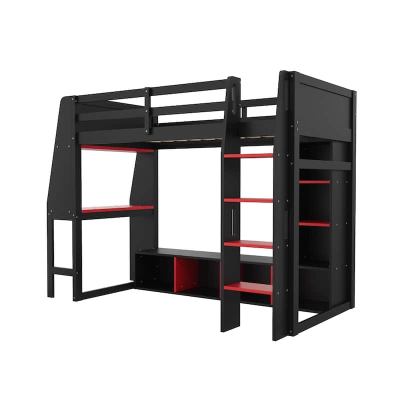 Gaming Loft Bed Teen Bed Frame with Desk Multi-storage Shelves Hanging Clothes Rack Space Saving LED Workstation Loft Bed