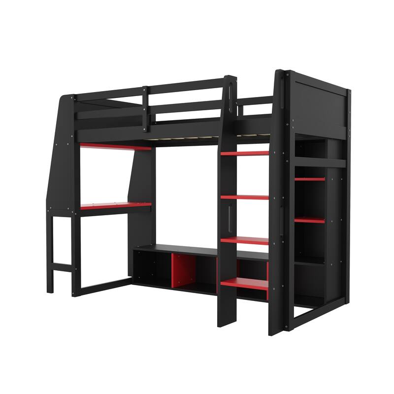 Roomfitters Twin/Full Gaming Loft Bed with Desk, Hanging Rack and LED Lights, Black and Red