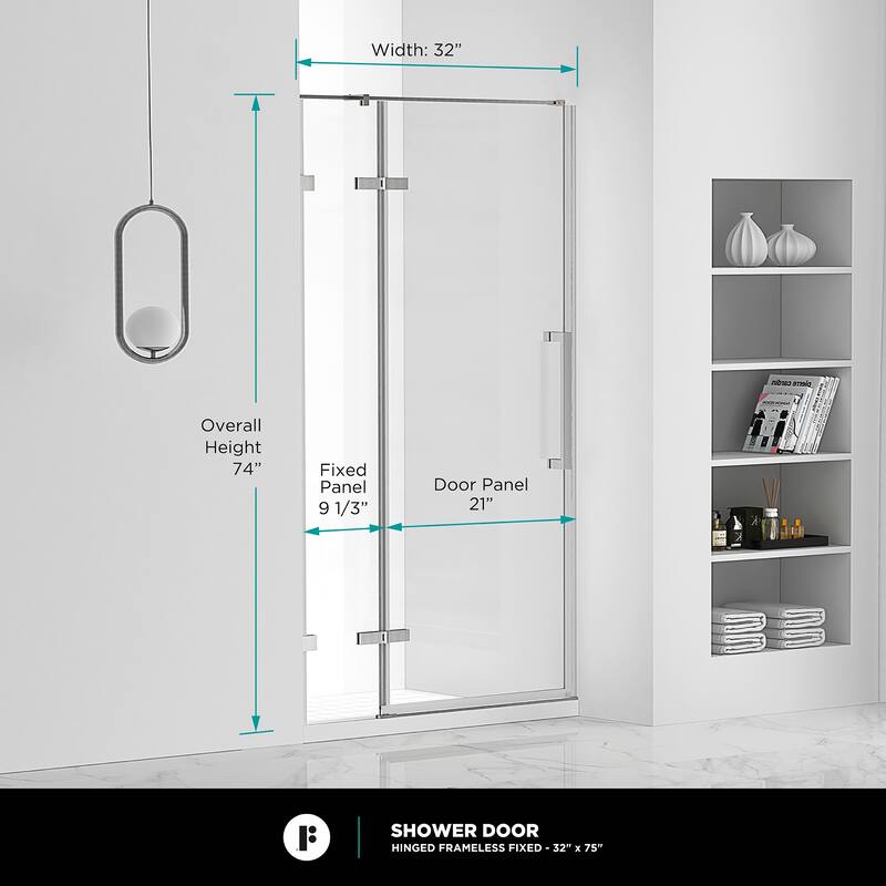 Fine Fixtures Hinged Clear Frameless Glass Shower Door Enclosure