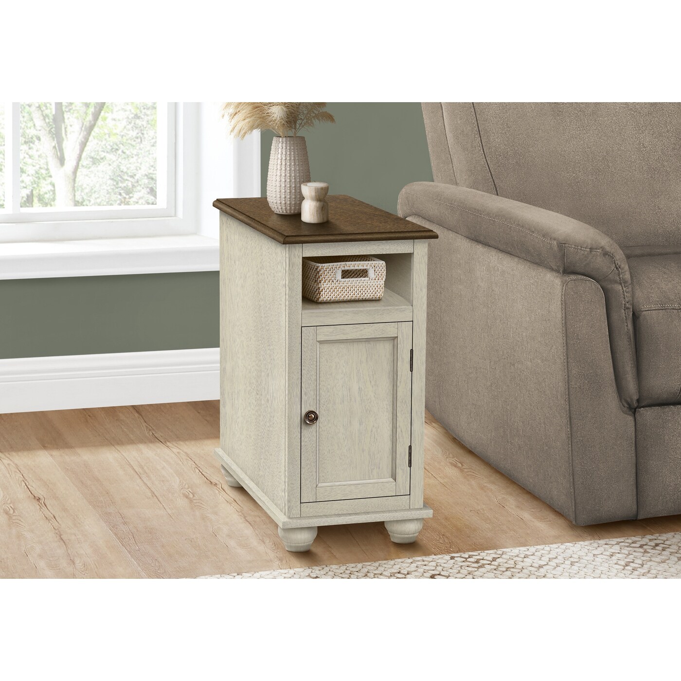 Accent Table, End, Side Table, Bedroom, Nightstand, Narrow, Lamp, Storage, Antique White Veneer, Brown Veneer, Traditional