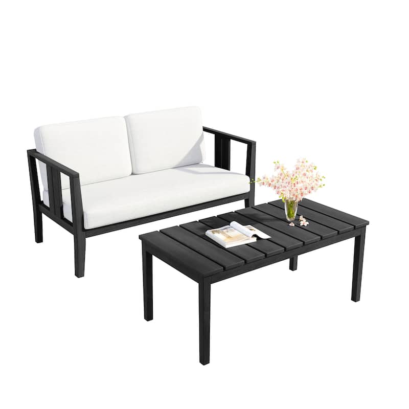Teak Wood Water Resistant Outdoor Loveseat and Coffee Table Set (Set of 2)