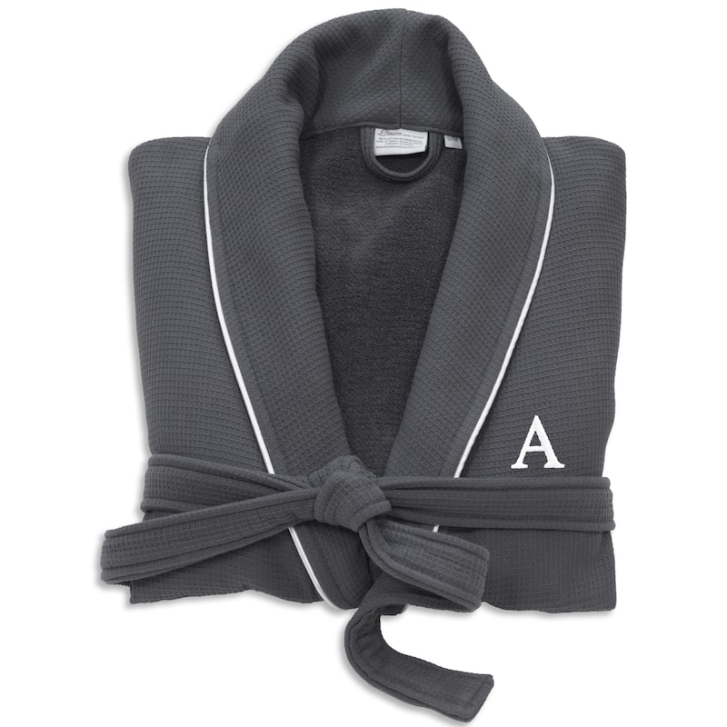 Authentic Hotel and Spa Dark Grey Unisex Turkish Cotton Waffle Weave Terry Bath Robe with White Block Monogram - S/M - A