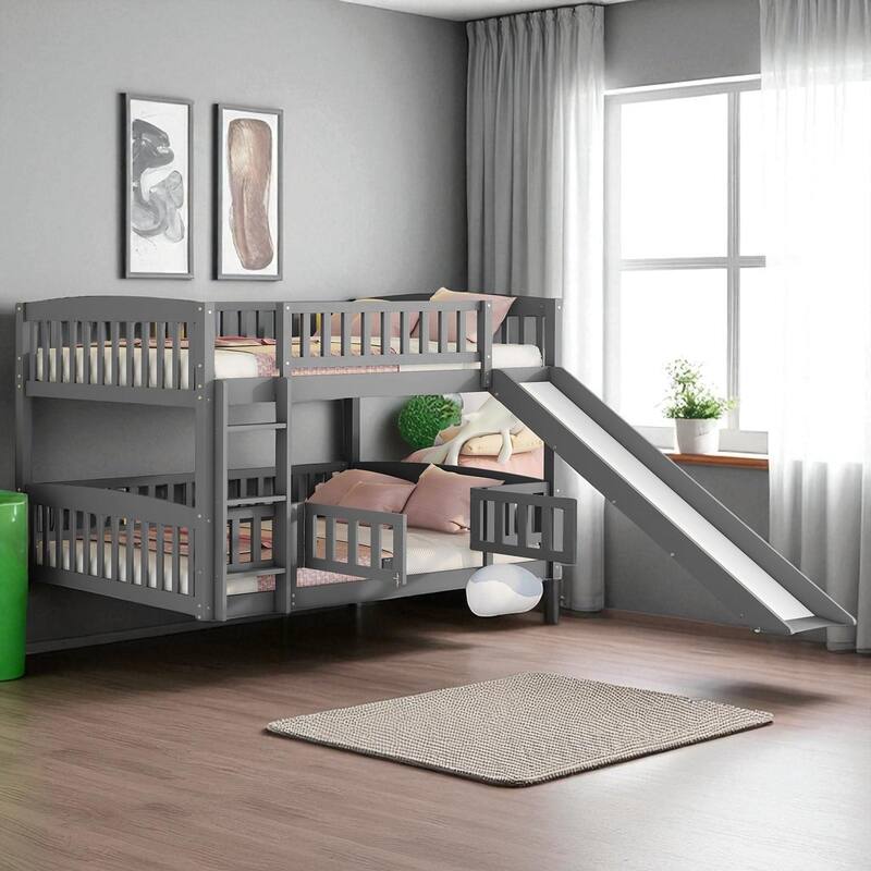 Twin Over Twin / Full Over Full Bunk Bed with Slide and Fence, Low Wood Frame with Ladder for Kids and Teens