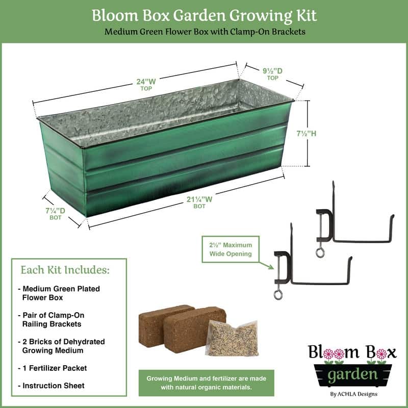 Achla Designs 24"W Medium Galvanized Steel/Wrought Iron Indoor Outdoor Bloom Box Garden Growing Kit With Clamp-On Brackets