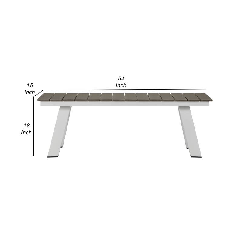 Zia 54 Inch Outdoor Dining Bench, Gray Polyresin Top, White Aluminum Frame
