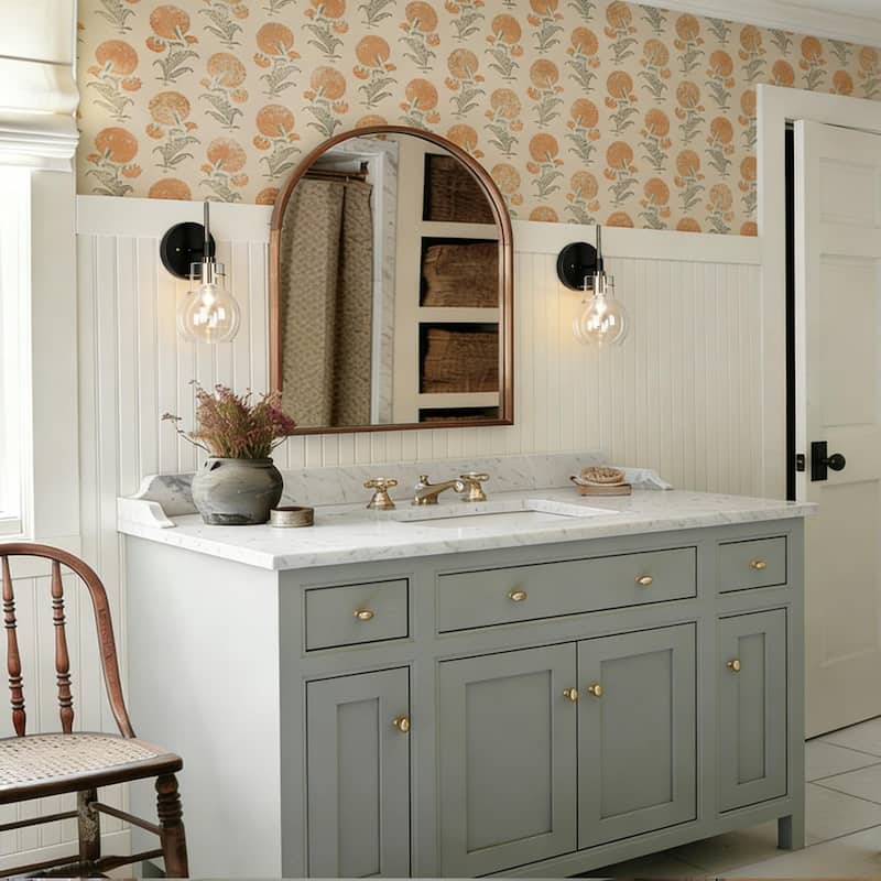 Isha Modern Black Gold 1-Light Bathroom Wall Sconce with Globe Glass - 5" L x 6" W x 10.5" H