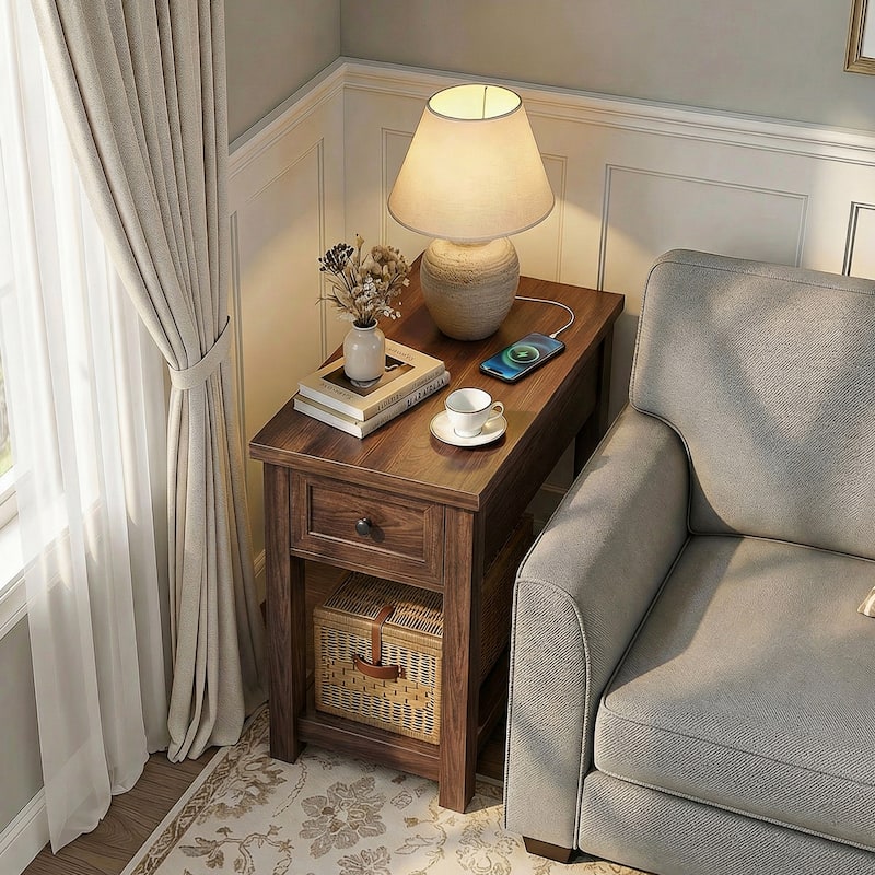 Farmhouse End Table with Wood Drawers and Charging Station, Sofa Side Table, Nightstand
