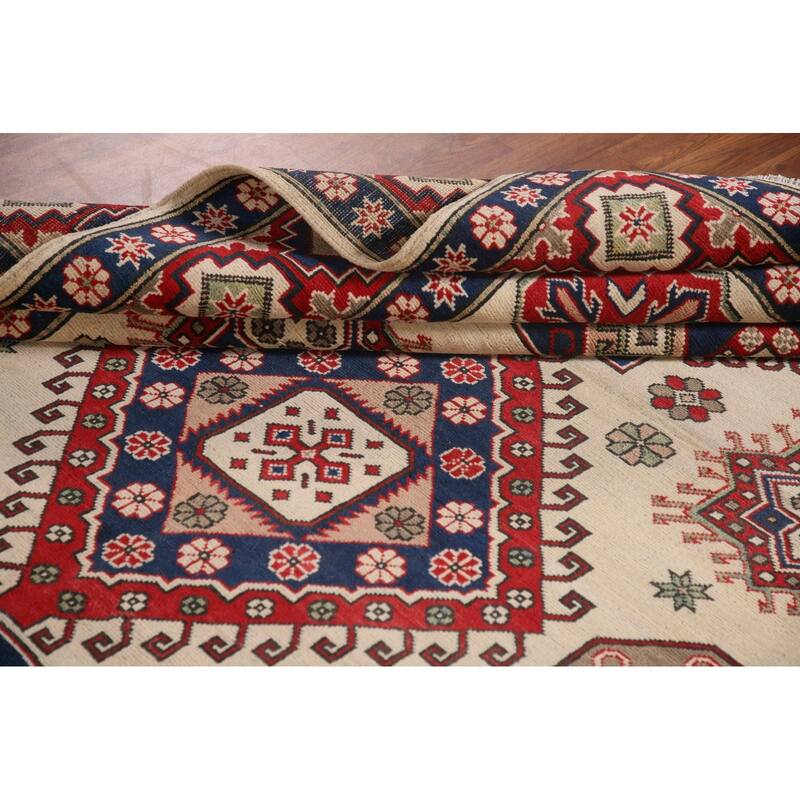 Ivory Geometric Kazak Area Rug Handmade Wool Carpet - 6'8" x 9'6"