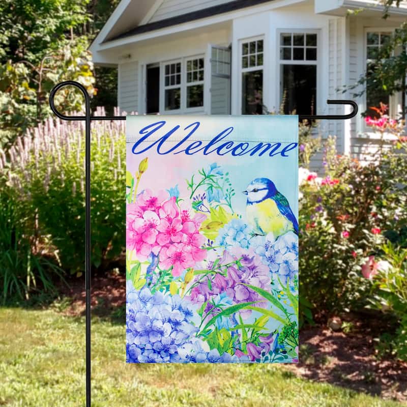 Blue and Purple Welcome Bird Outdoor Garden Flag 12.5" x 18"