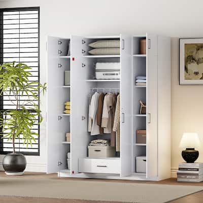 4-Door Bedroom Wardrobe with 1 Storage Drawer and Top Cabinet, Armoire Closet Clothes Organizer w/ Hanging Rod & Storage Shelves