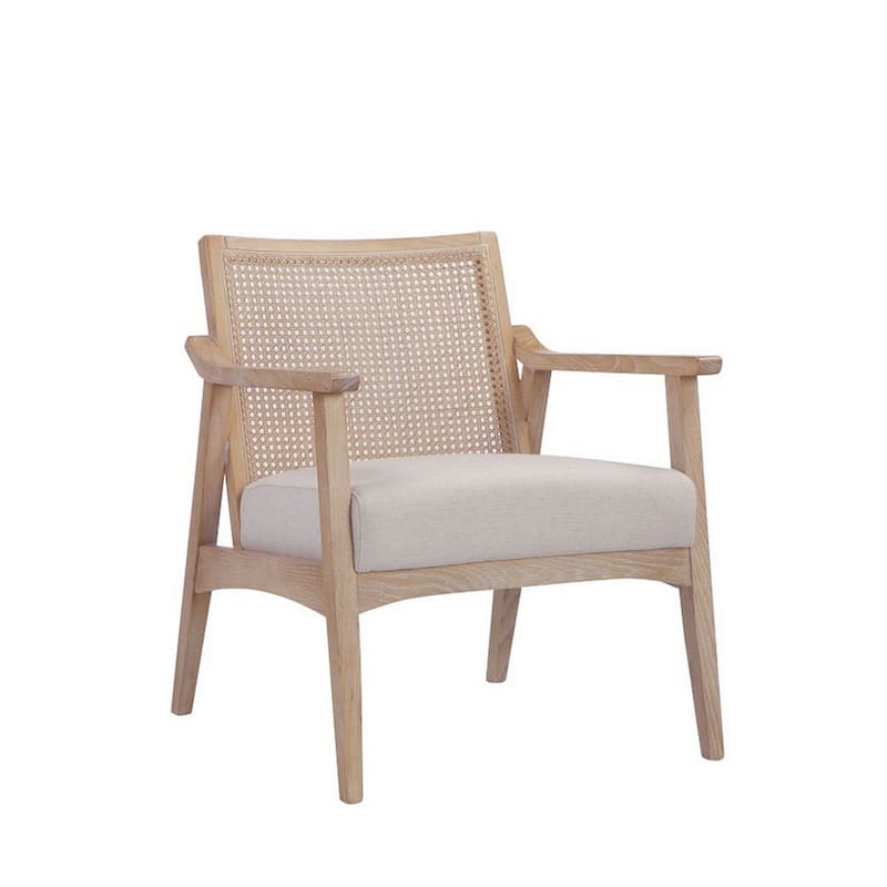 28 Inch Lounge Armchair with Cane Back, Beige Polyester Boucle, Brown Frame