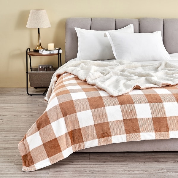 slide 2 of 7, Linery & Co. Velvet Plush Reversible Sherpa Throw Blanket 50" x 60" Throw - Terracotta Buffalo Checks