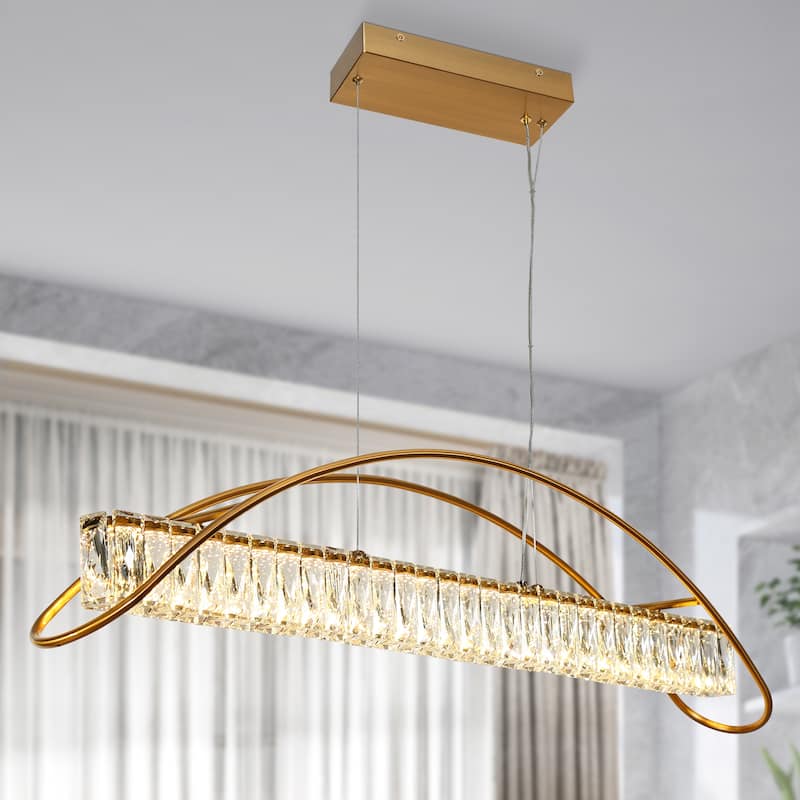 Modern Gold 1-Light LED Crystal Chandelier Island Pendant Lights for Kitchen Island - W 39.4" x H 3" x D 5"