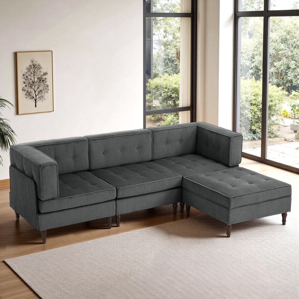 UIXE 4 - Piece Corduroy Sectional Sofa with Flip-Top Storage Ottoman Coffee Table