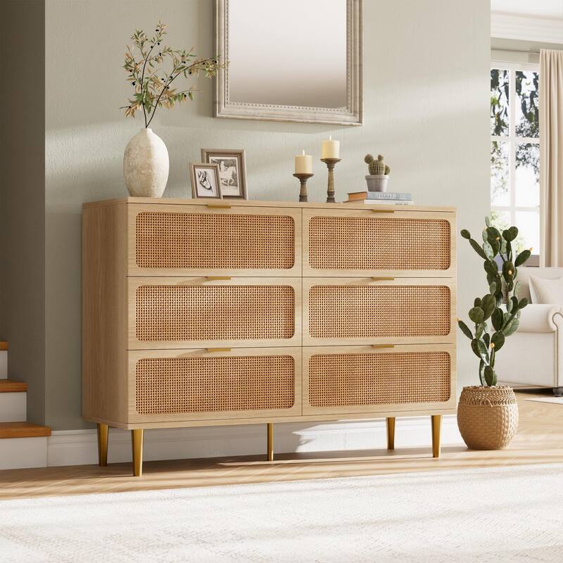 Rattan 6 Drawer Dresser for Bedroom, Large Double Dresser with Deep Drawers, Wooden Chest of Drawers for Closet with Wide Top