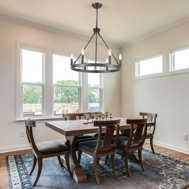 22.04 in. 6-Light Black Rustic Farmhouse Chandelier, Wagon Wheel Chandelier for Dining Room Living Room Bedroom Kitchen