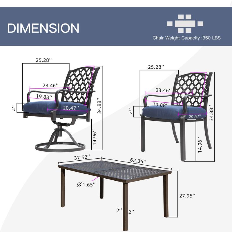 Domi 7-Piece Metal Patio Dining Set with Cushions and Table, Outdoor Furniture for Garden or Deck