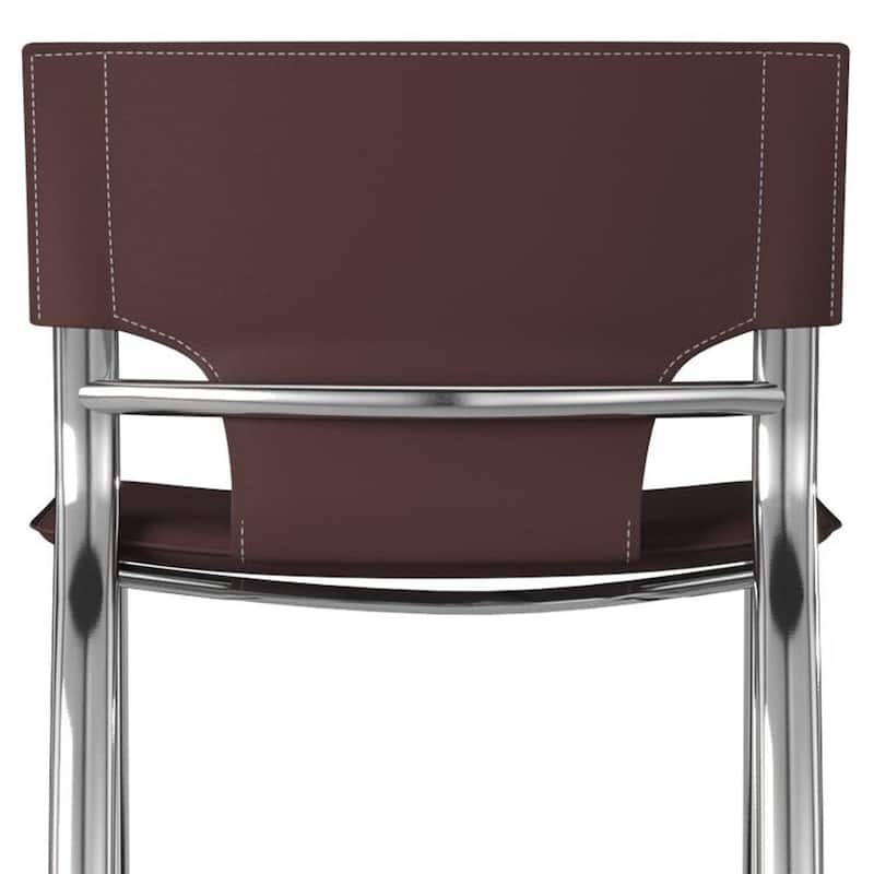 HomeRoots Set of Two 25" Brown and Silver Faux Leather and Metal Low Back Counter Height Bar Chairs