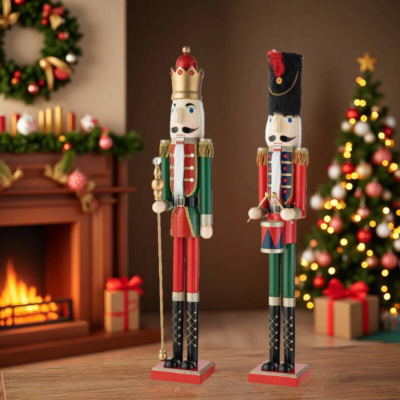 Glitzhome 42"H Set of 2 Wooden Christmas King and Soldier Nutcrackers Xmas Porch Decor