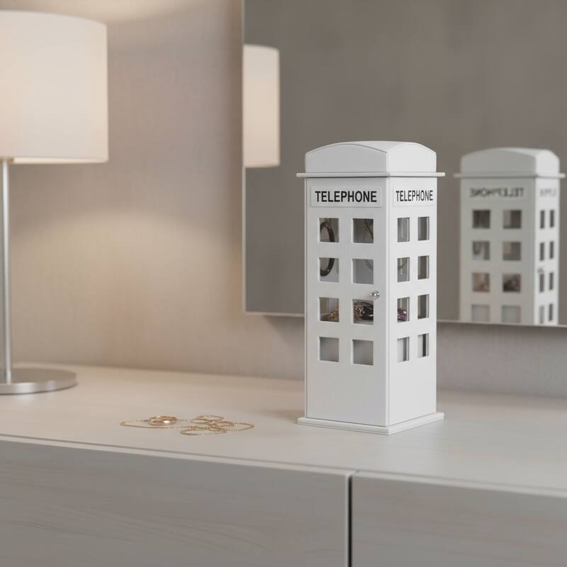 12" Burgundy And White Faux Leather Telephone Booth Jewelry Box - White