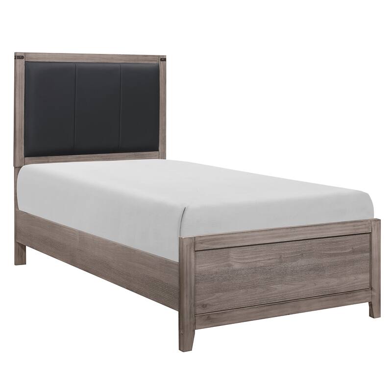 Industrial Design Brown and Gray Panel Bed with Faux Leather Headboard, Twin/Full Size Bedroom Furniture - Brown+Gray - Twin