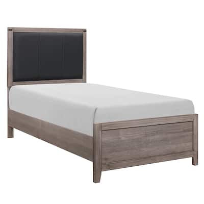 Industrial Design Brown and Gray Panel Bed with Faux Leather Headboard, Twin/Full Size Bedroom Furniture