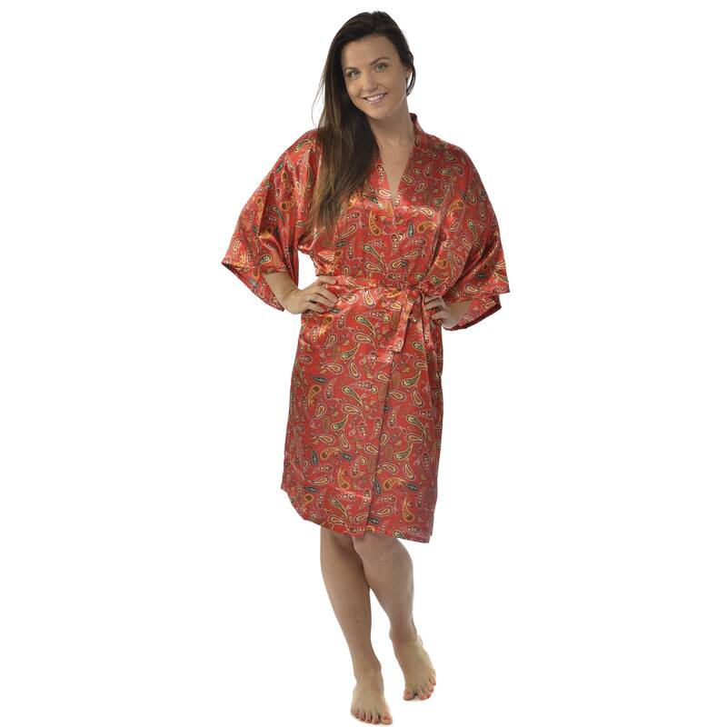 Leisureland Women's Paisley 42-inch Satin Charmeuse Kimono - Red