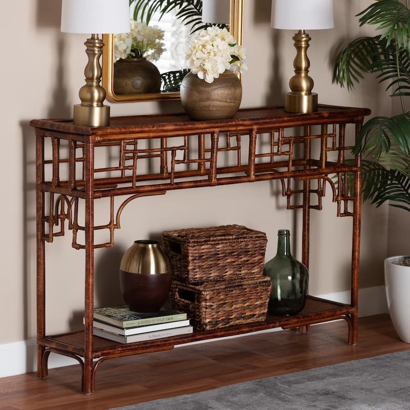 Sebalio Tortoise Natural Rattan Console Table with Shelf - Vintage Style Table for Entryway, Hallway or Coastal Living Space