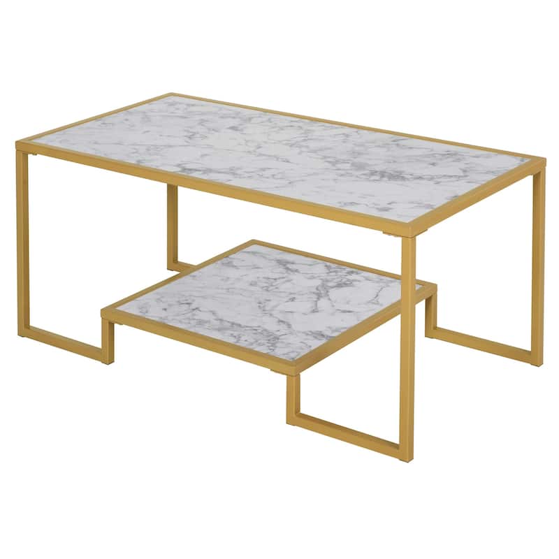 HOMCOM Minimalist Art Deco Coffee Table with Laminate Marble Print Table Top & Underneath Storage Shelf, White & Gold