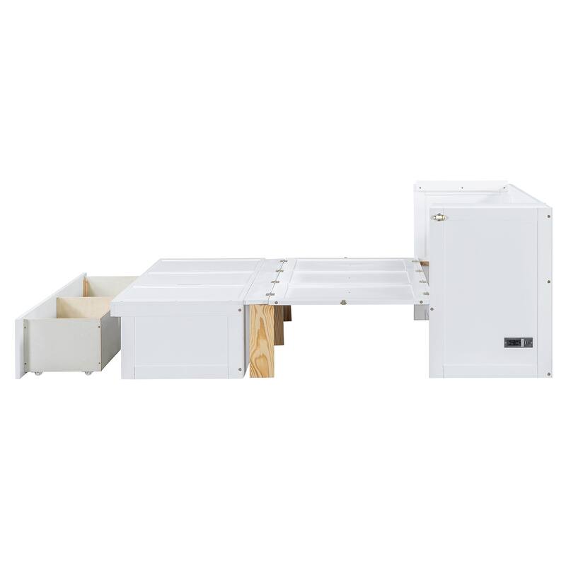Space-Saving Full Murphy Bed with USB Port, Power Outlets & Large Drawer - Convertible Cabinet Design