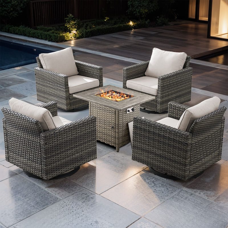5 Pieces Fire Pit Table with Outdoor Swivel Chairs - Gray Wicker - Beige cushion
