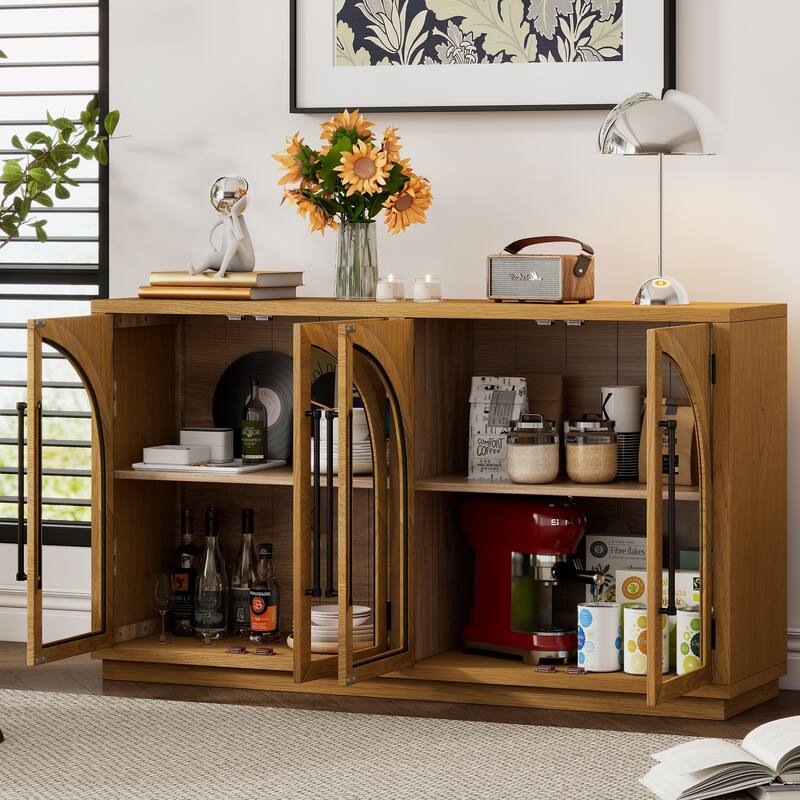 4-Door Large Storage Sideboard Buffet Cabinet with Glass Doors with Adjustable Shelves for Dining Room and Living Room