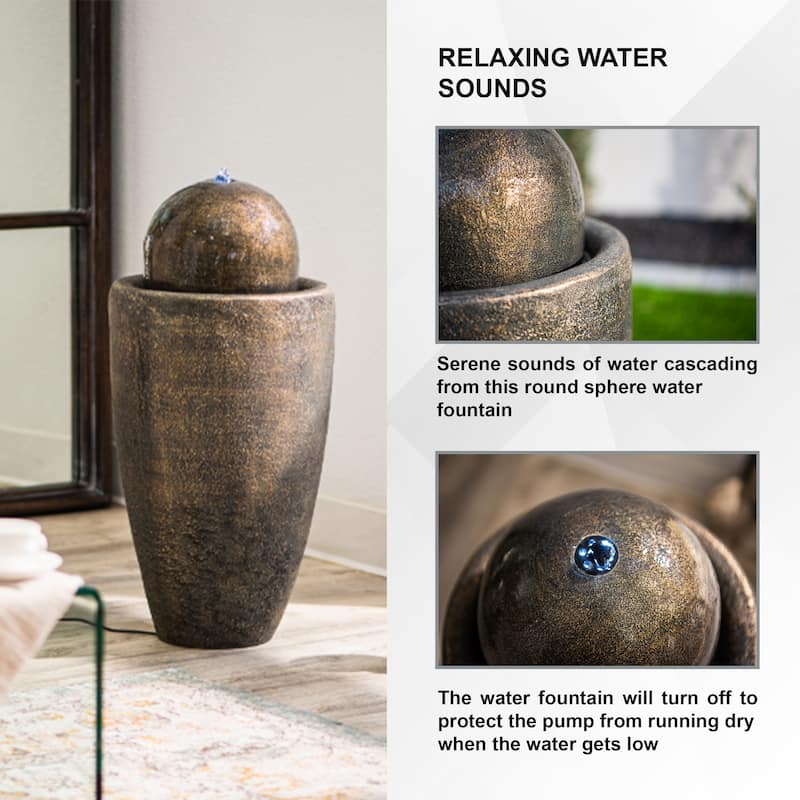 XBrand 25.98"H Modern Round Stone Textured Sphere Water Fountain w/LED Lights, For Indoor/Outdoor, Ball Water Fountain